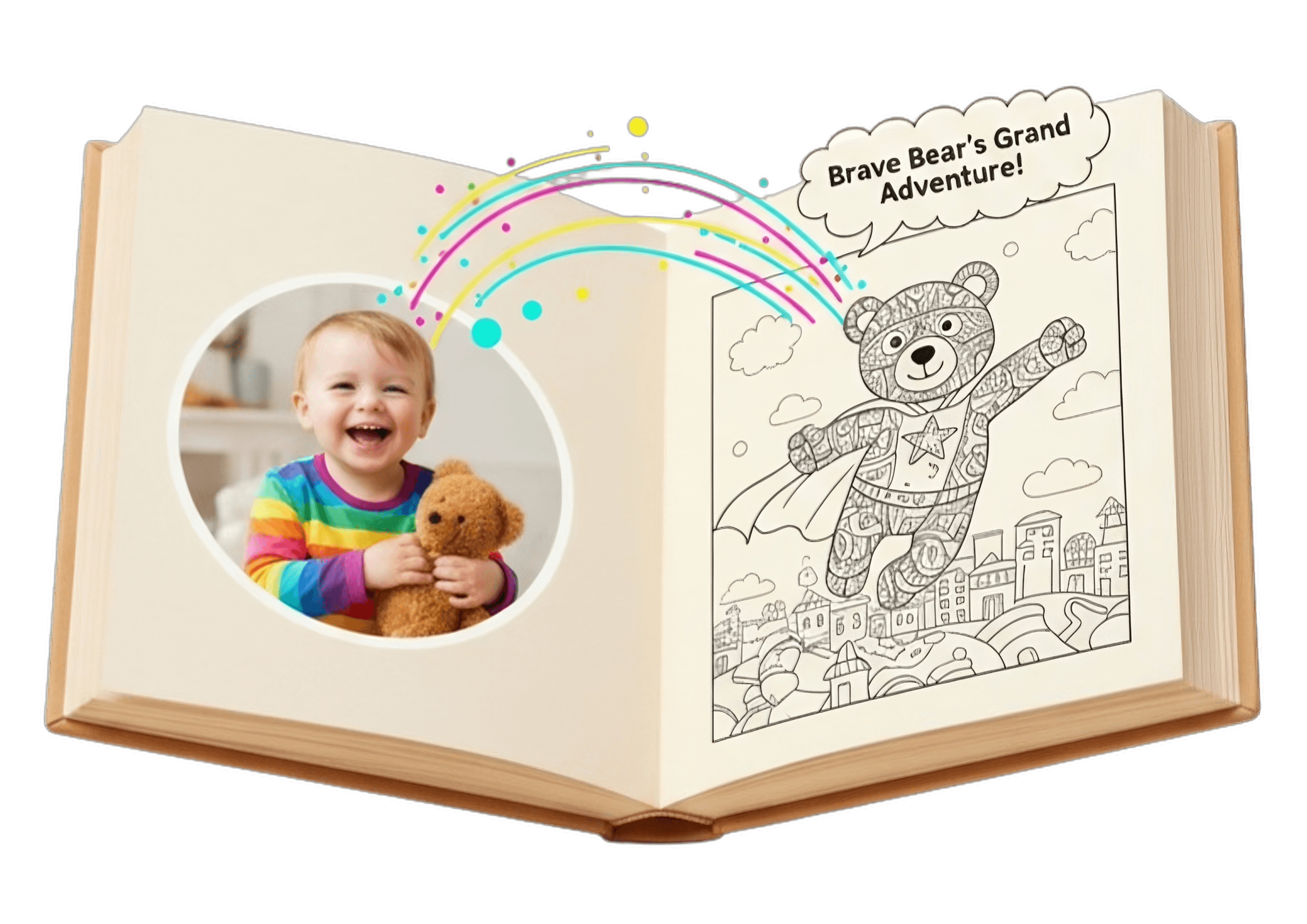 Magical coloring book showing transformed photos as coloring pages - upload your memories or describe ideas to create unique coloring adventures